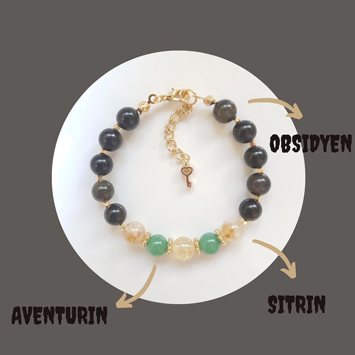 Artaril Doğal Taş Solar Plexus Çakrası Kadın Bileklik Aventurin Obsidyen Sitrin