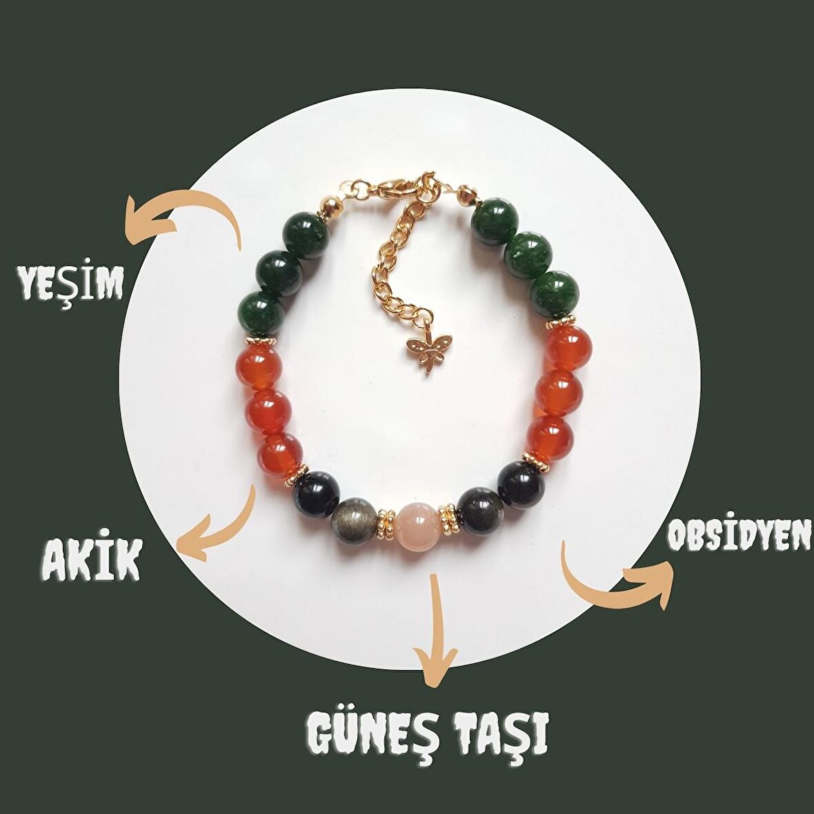 Artaril Doğal Taş Kadın Umut Bilekliği Yeşim Akik Güneş Taşı Obsidyen 8 mm 