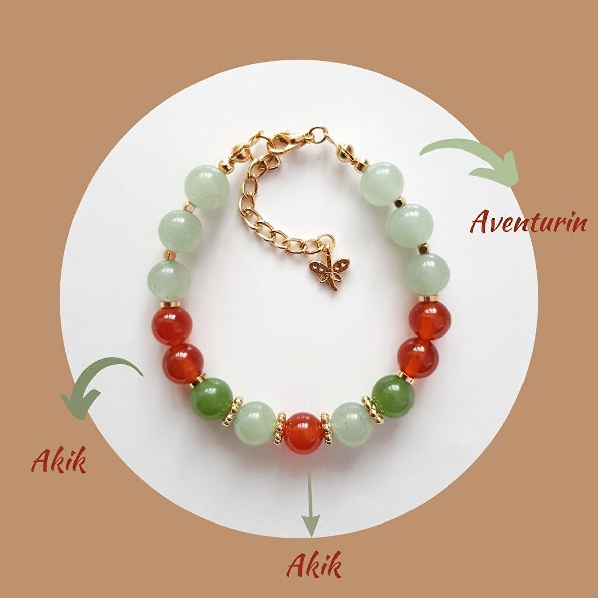 Artaril Doğal Taş Kadın Tasarım Bileklik Yusufçuk Aparatlı 8mm Akik Aventurin 18cm+ 3.5 Cm Zincir