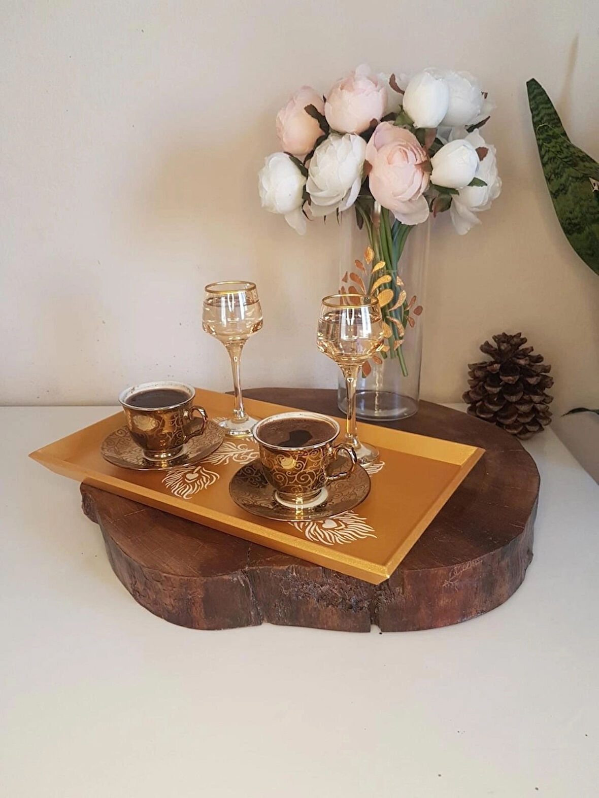Altın Varaklı Çay , Kahve , Söz Nişan Dekoratif Servis Sunum Tepsisi