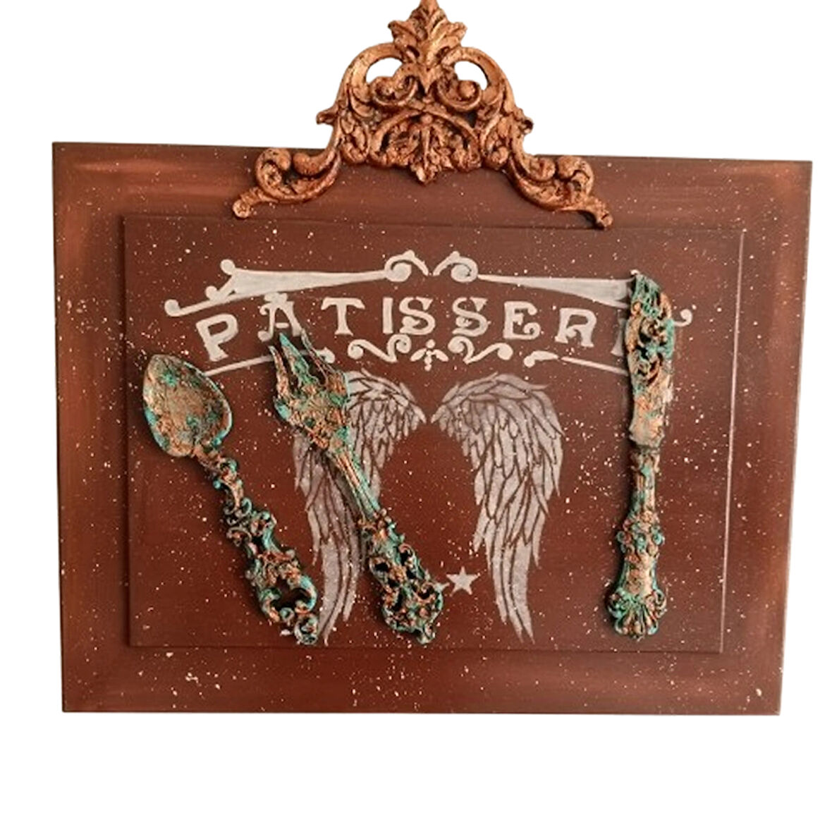 El Yapımı 'Patisserie' Temalı Seramik/Ahşap Mutfak Panosu (50x47 cm)