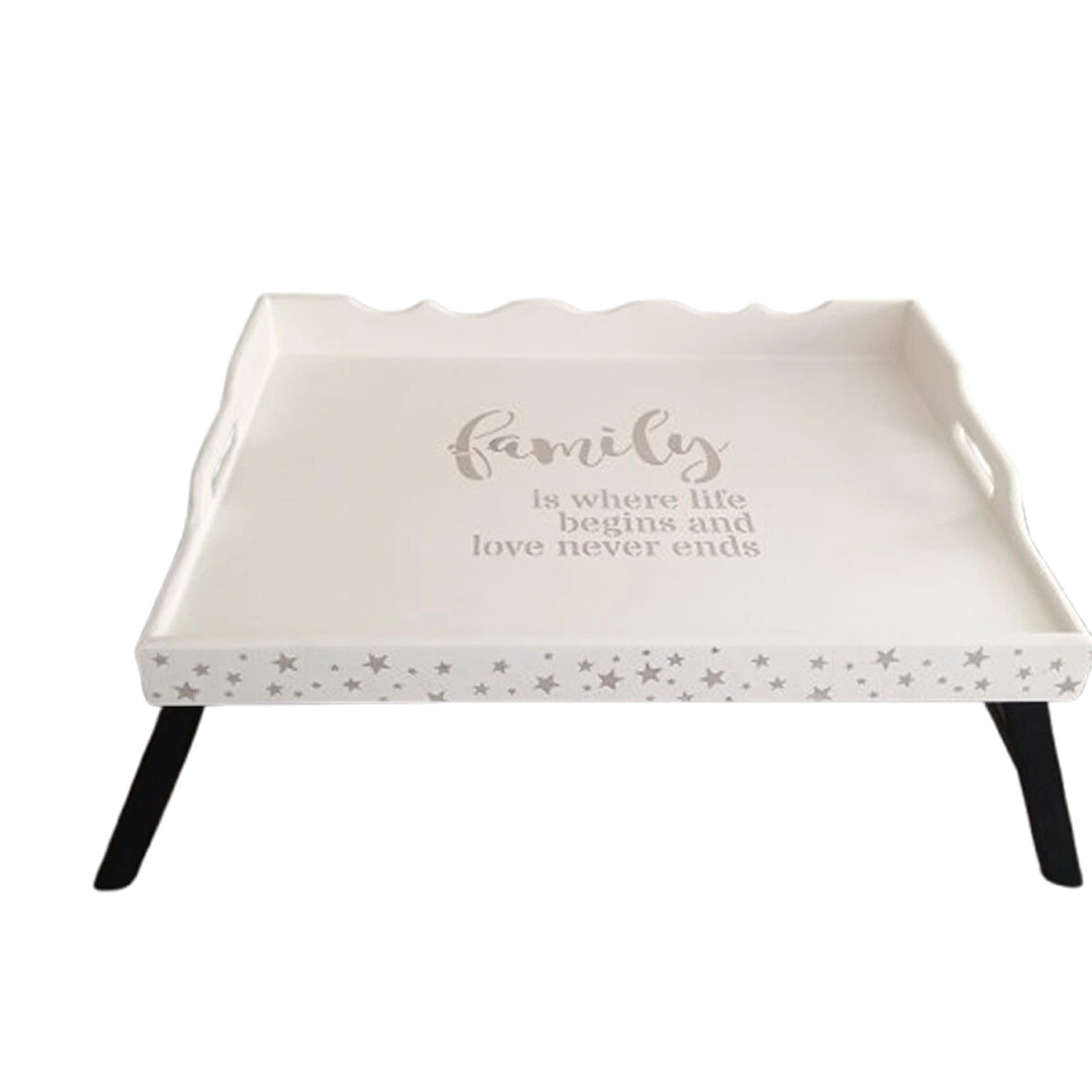 El Boyaması Katlanır Ayaklı Ahşap Şımarık Tepsi - Aile Sevgisi Temalı