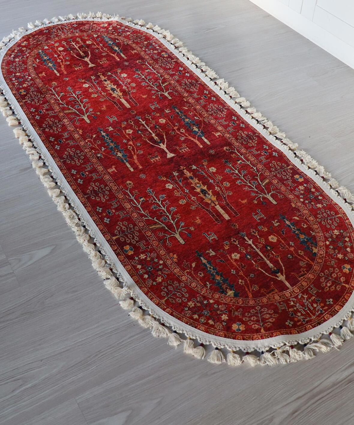 Dekoratif Örgü Saçaklı Salon Halısı Makinede Yıkanabilir Mutfak Halısı Kaymaz Kırmızı Kilim 