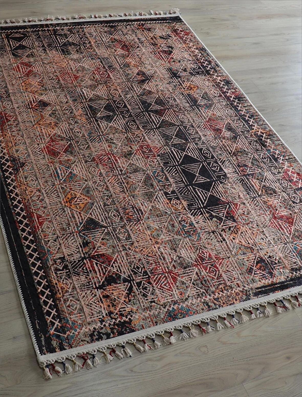 Dekoratif Örgü Saçaklı Salon Halısı Makinede Yıkanabilir Mutfak Halısı Kaymaz Kırmızı Kilim 