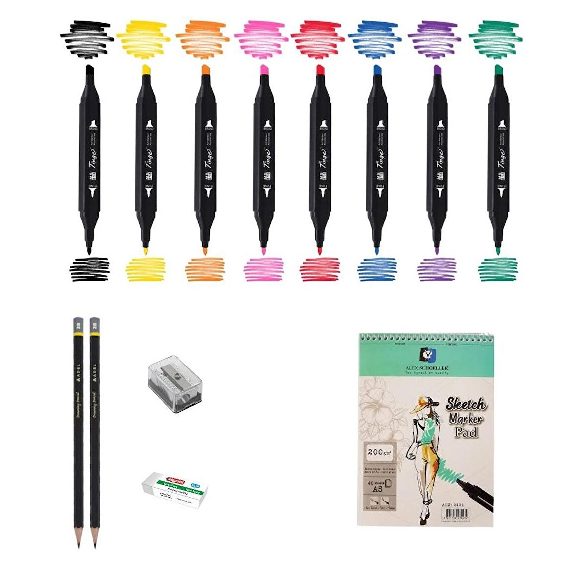 Tinge Marker Kalem Çizim Seti 1 + Marker Defteri + Dereceli Kalem + Silgi + Açacak