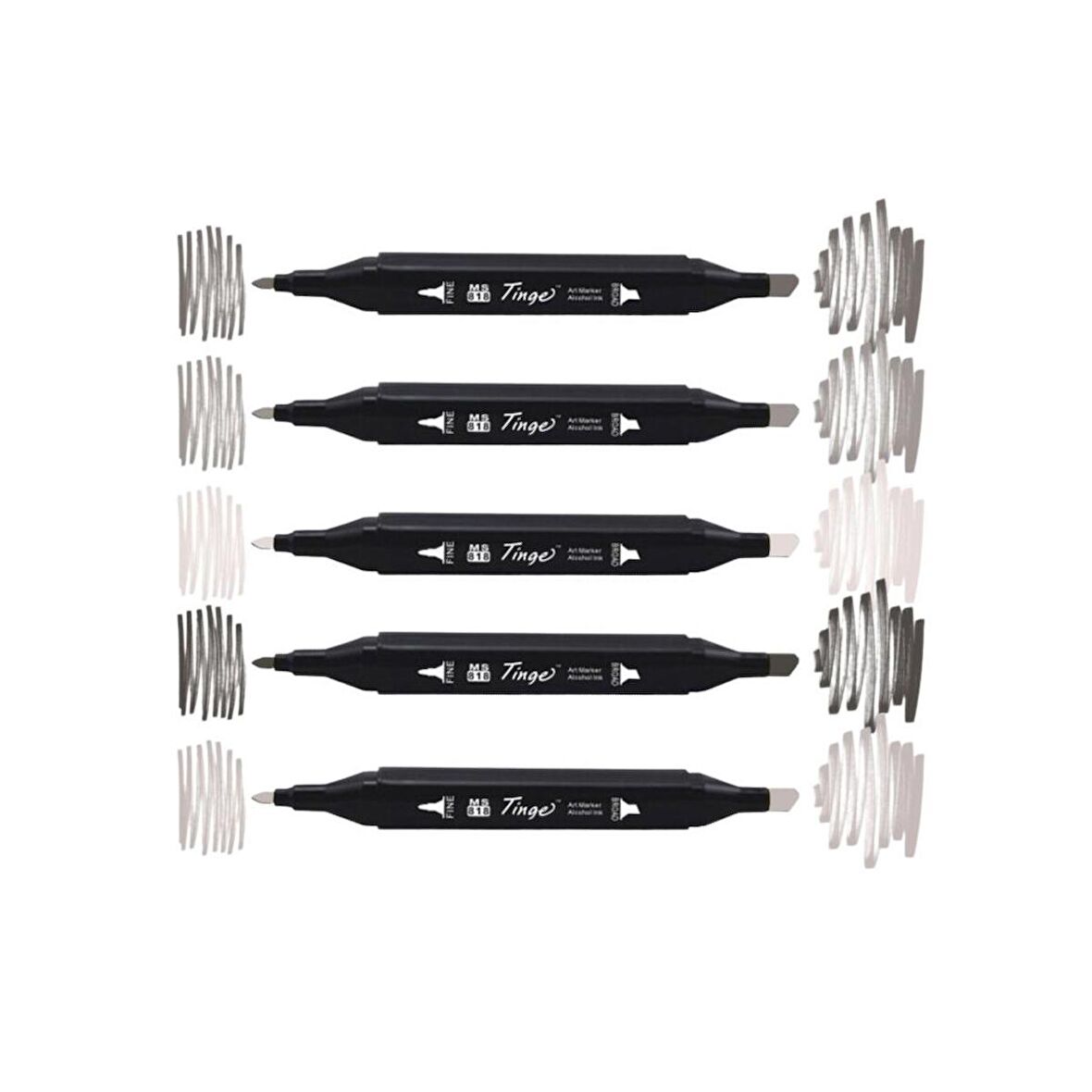 Tinge Twin Çift Uçlu Marker Kalemi 5'li Set Gri Tonları (Grey Tonnes)
