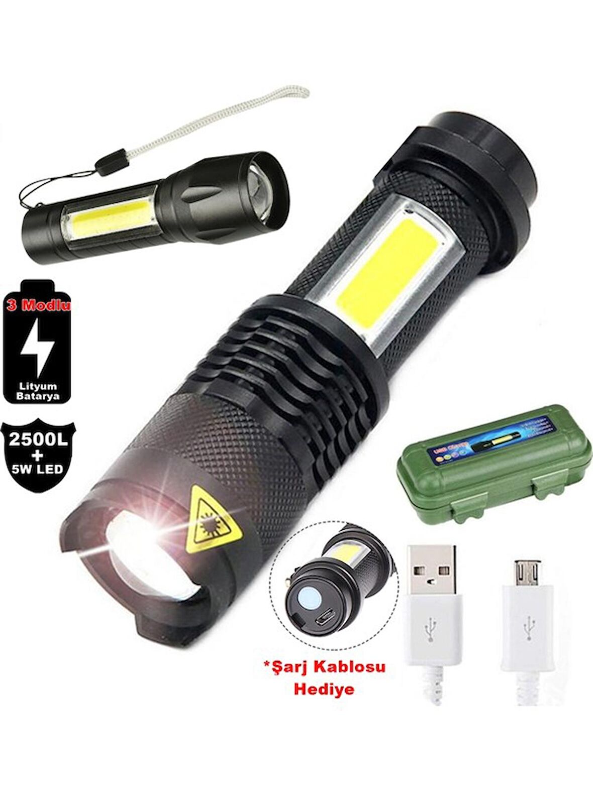 Yeni Model 2500 Lumens + 5W COB LED USB Lion Şarjlı Ultra Güçlü Q5 XPE Su Geçirmez Şarjlı El Feneri