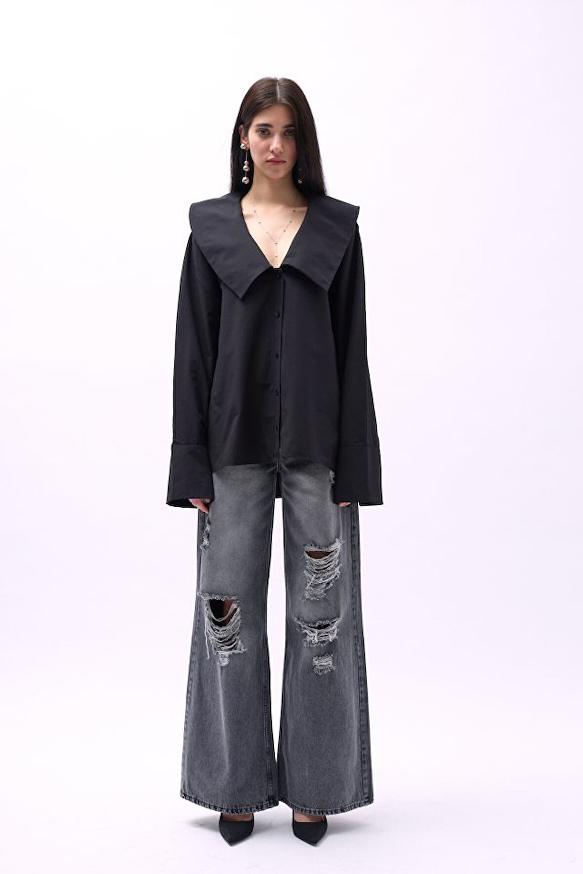 Geniş Yaka Volan Kol Gömlek