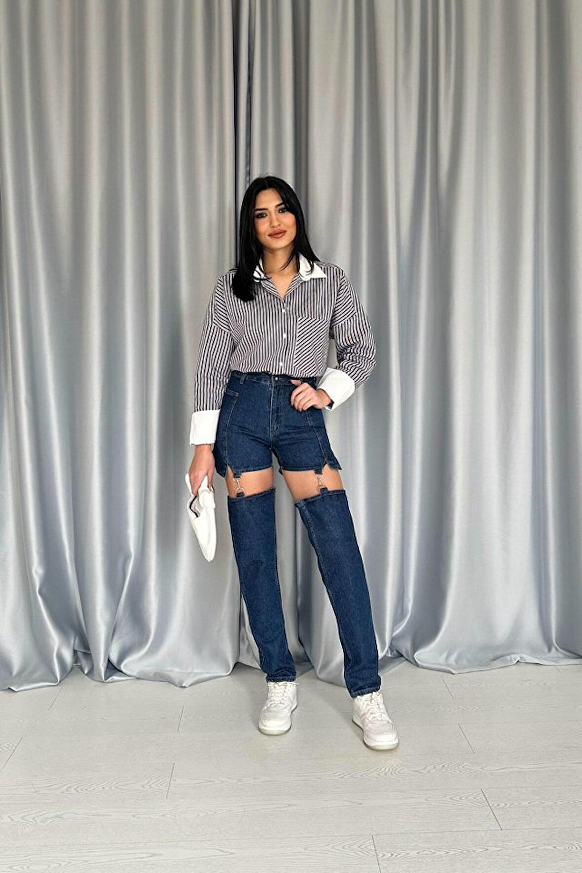 Mavi Askılı İki Parça Jeans Pantolon