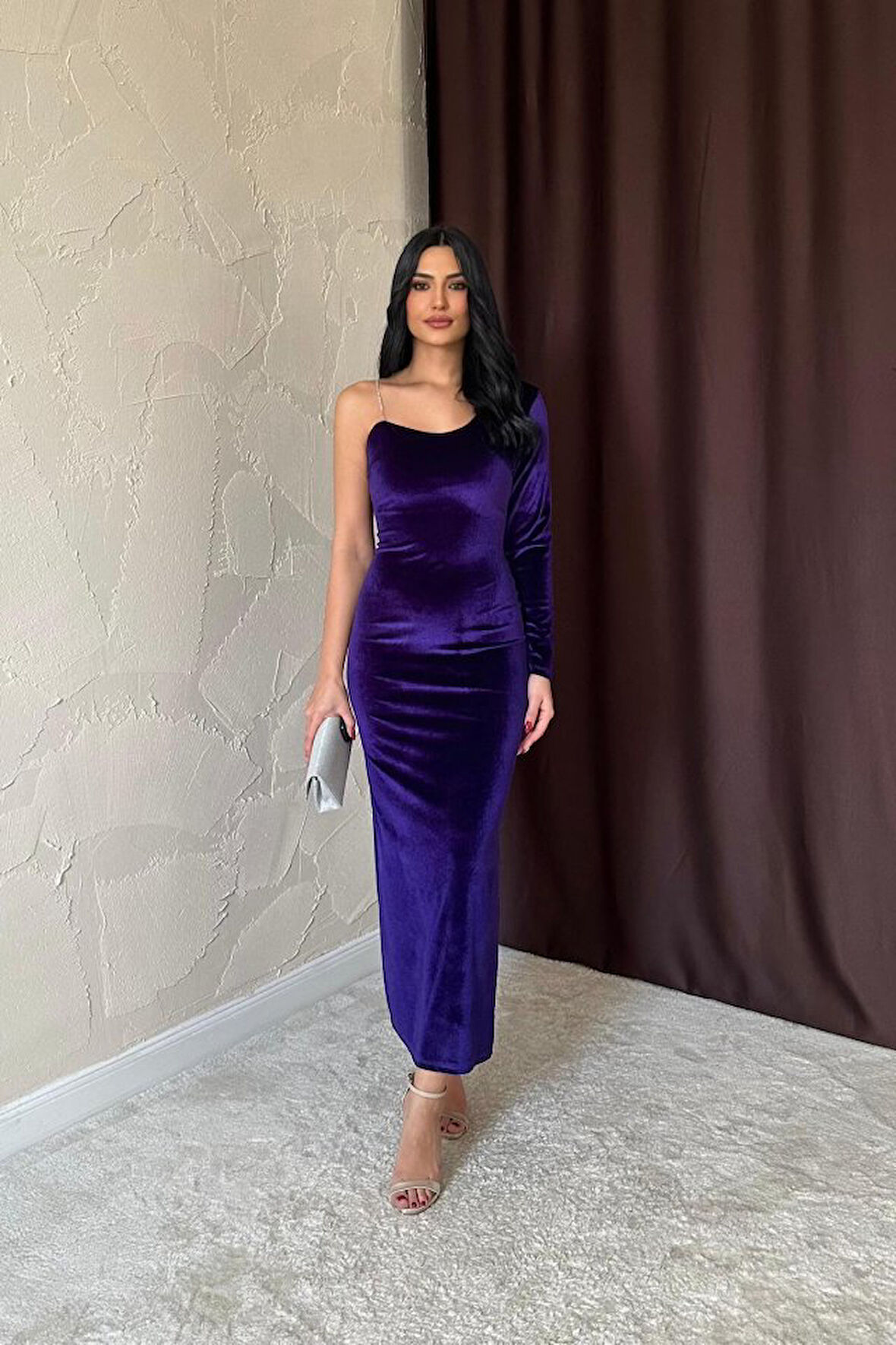 Saks Tek Omuzlu Taş Askılı Elbise