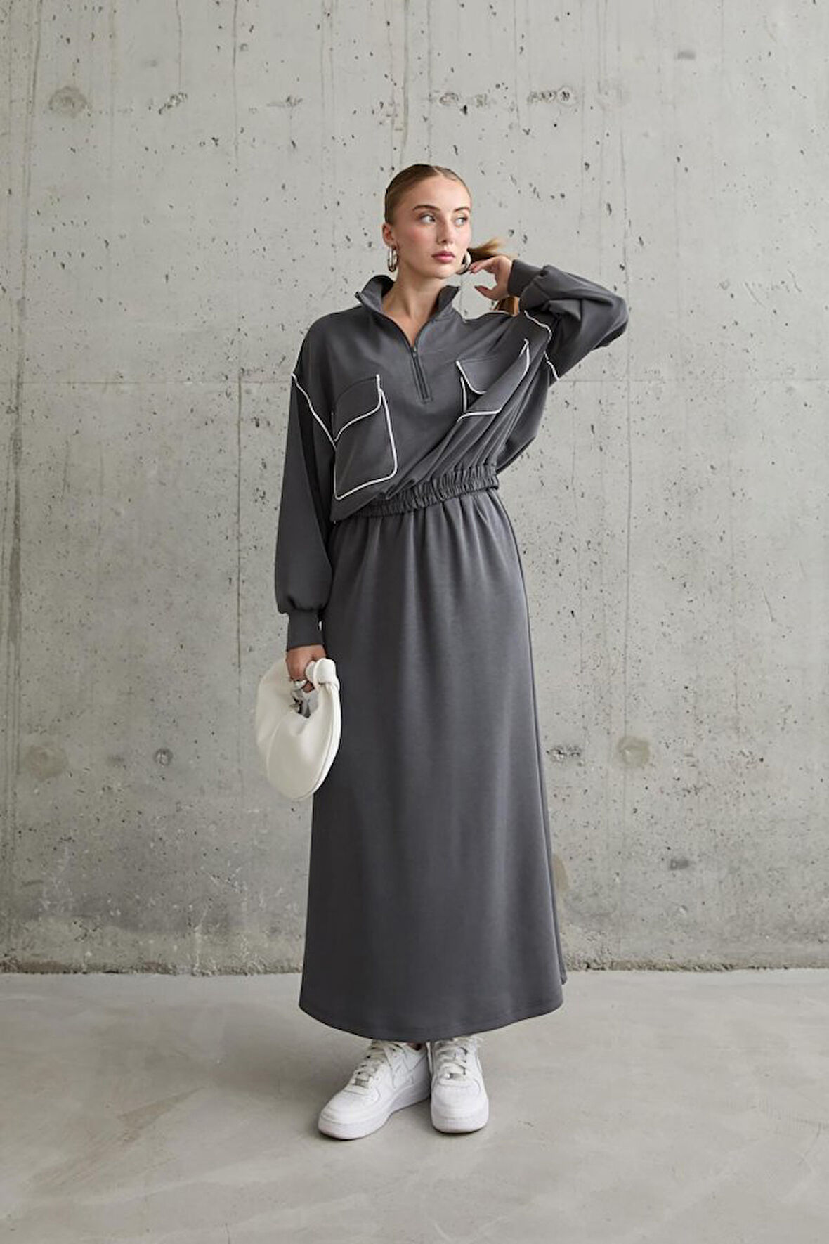 Haki Biyeli Sweatshirt Ve Etek Takım