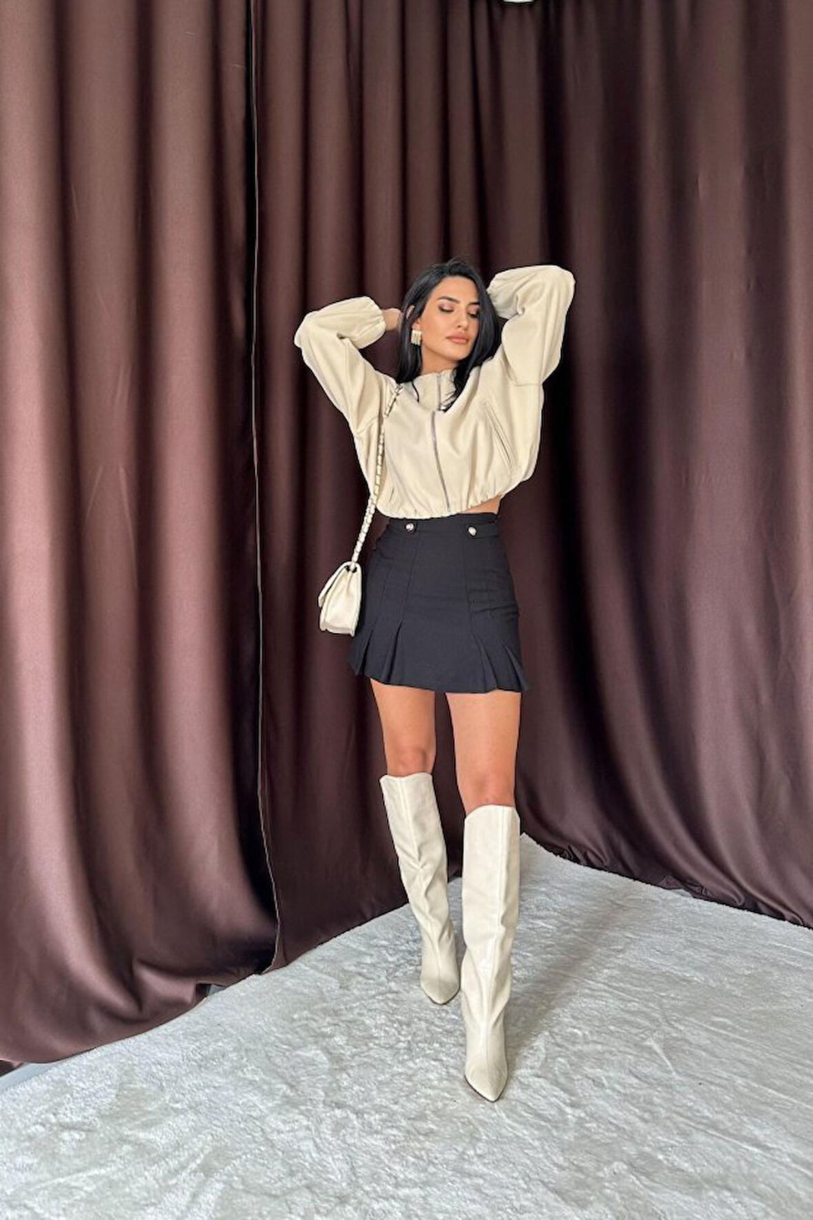 Füme Düğme Detaylı Pileli Etek