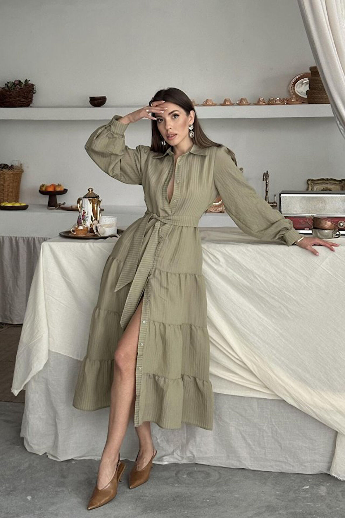 Çağla Çizgi Desenli Uzun Elbise