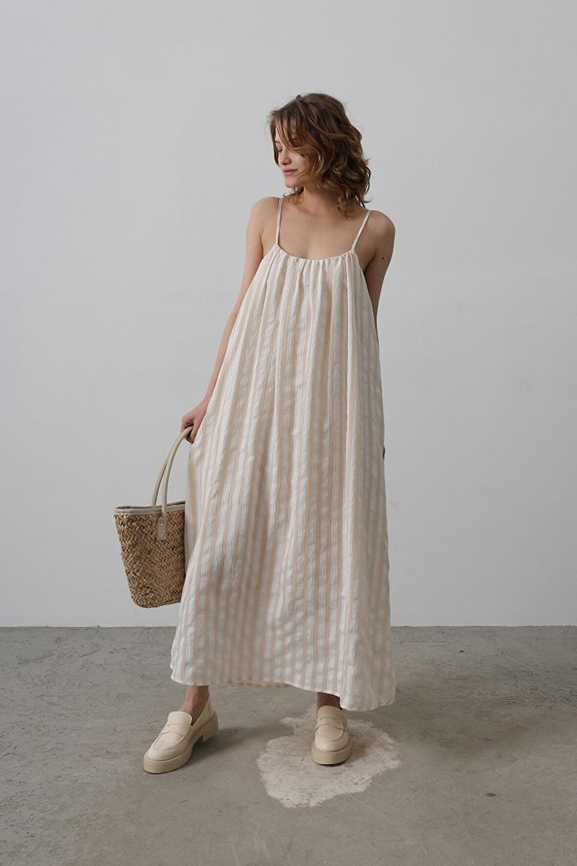 Askılı Çizgi Desen Elbise - Haki