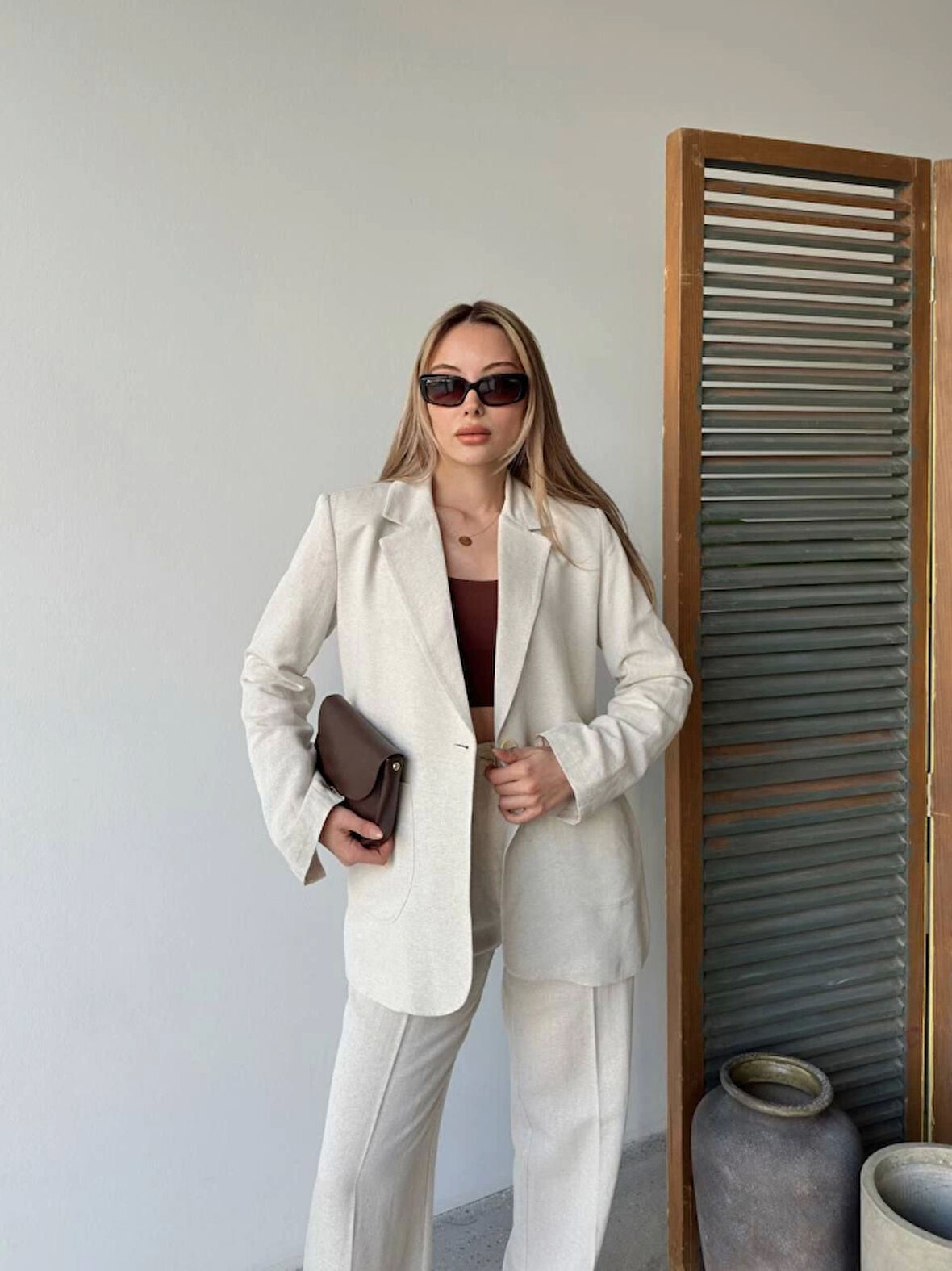 Keten Ceket Pantolon Ikili Takım - Beyaz