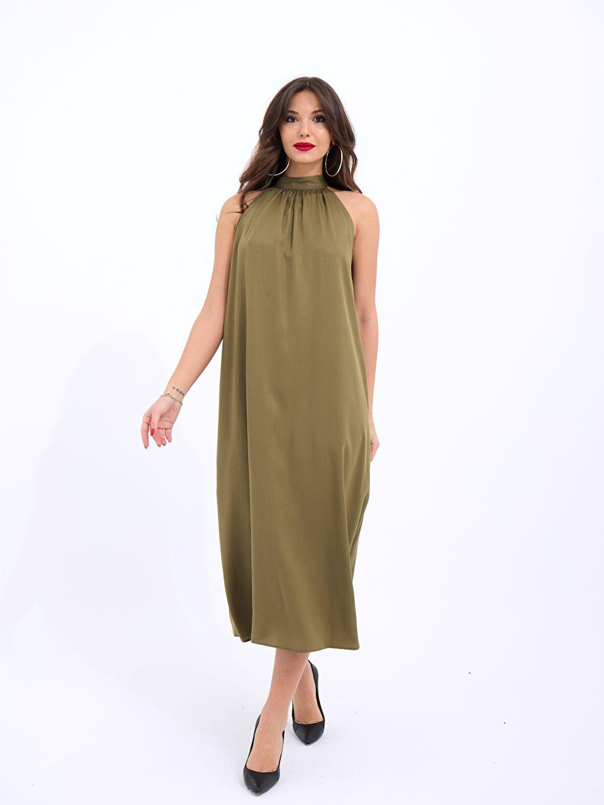 Saten Kuşaklı Ajurlu Triko Elbise 2847