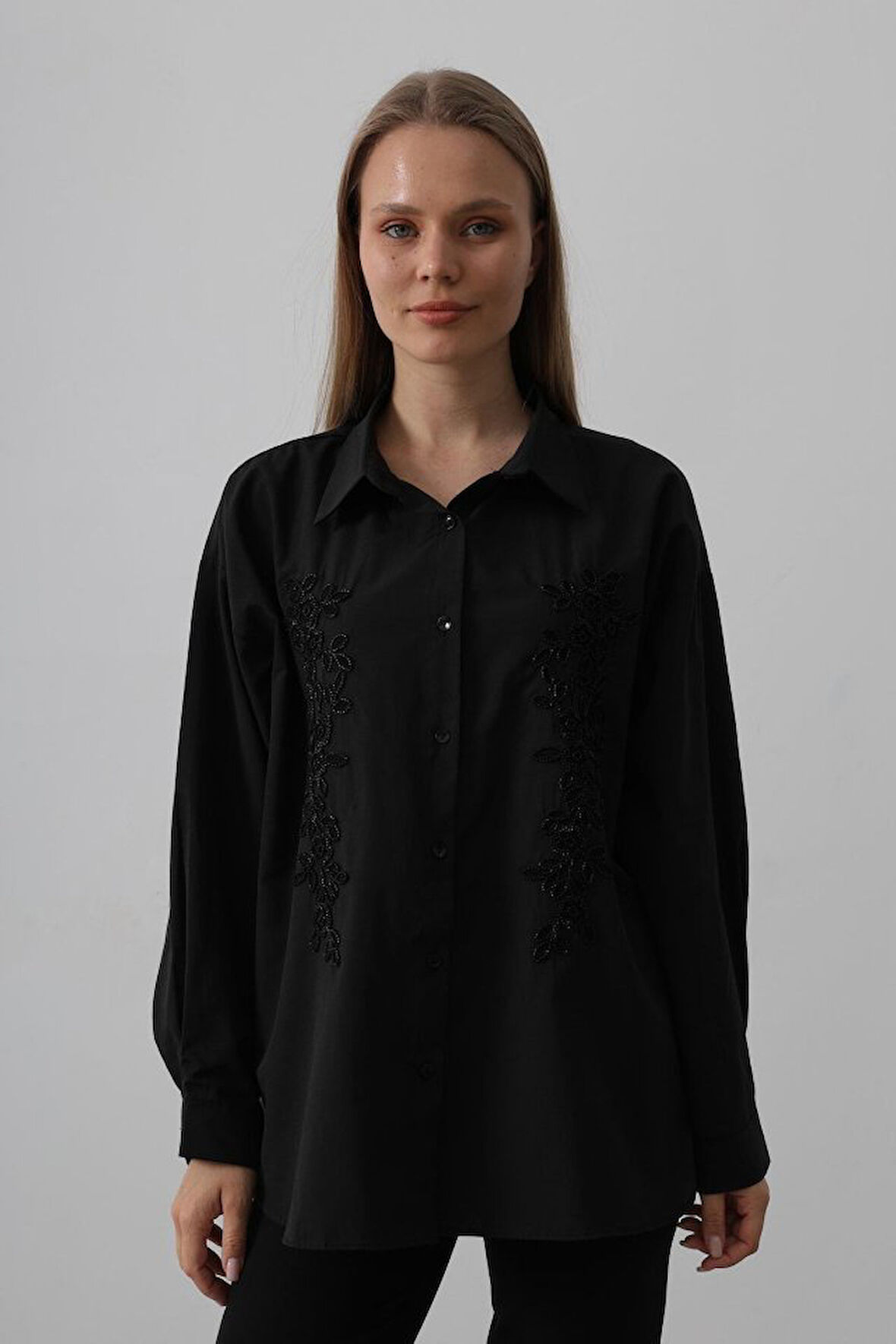 Boncuk Nakış Detaylı Uzun Gömlek - Bordo