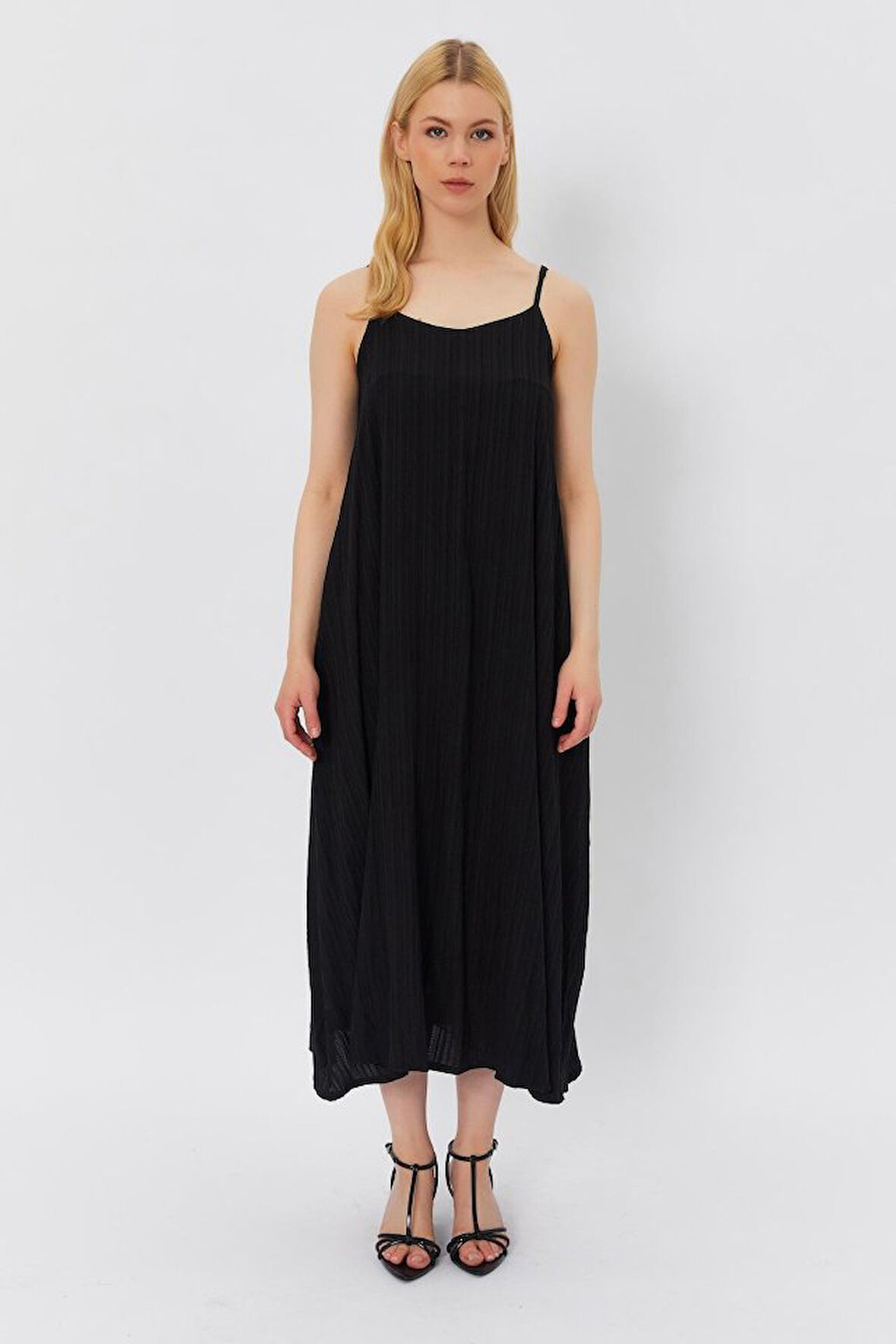 Askılı Uzun Çan Elbise - Natür