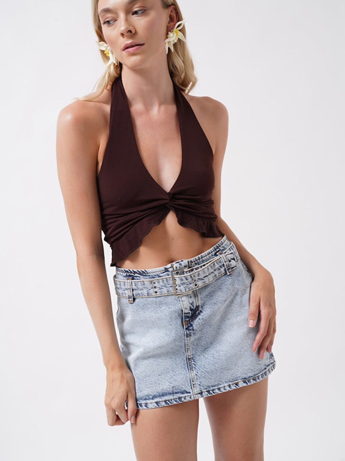 Kemer Detay Denim Mini Etek