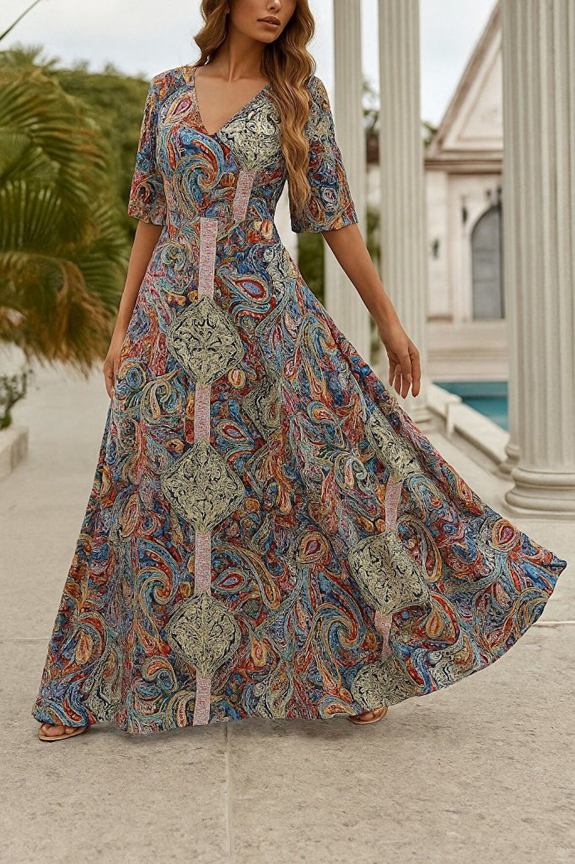 Kadın Kısa Kollu V Yakalı Desenli Süprem Elbise