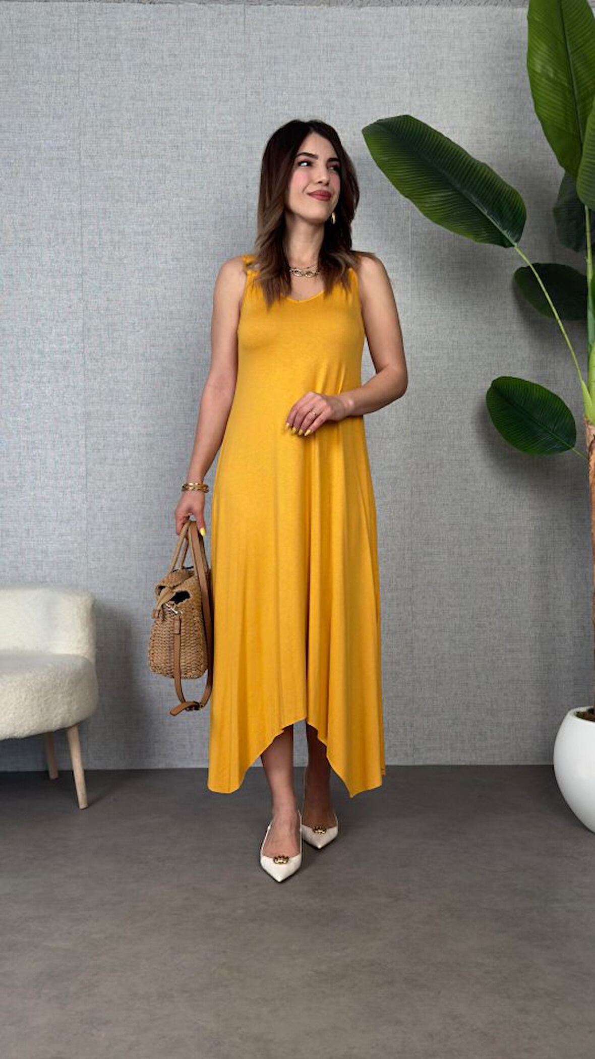 Kadın çan Dokuma Kumaş V Yaka Asimetrik Kesim Elbise