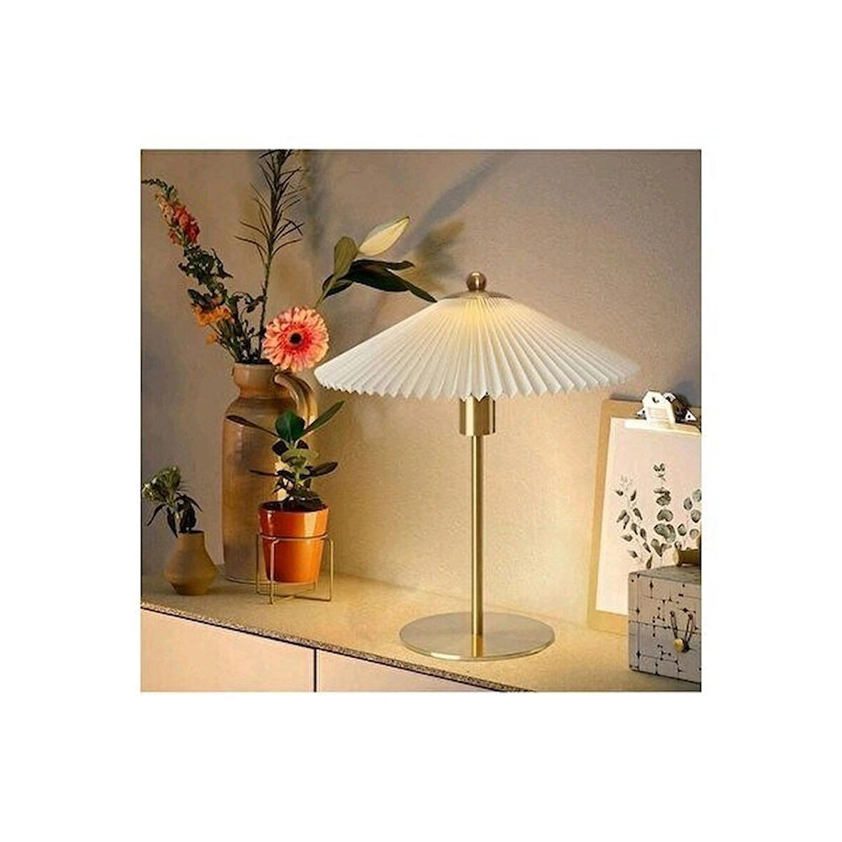 Exclusive Collection Krem Şapka Tasarım Umbrella Abajur Eskitme Gold Sarı