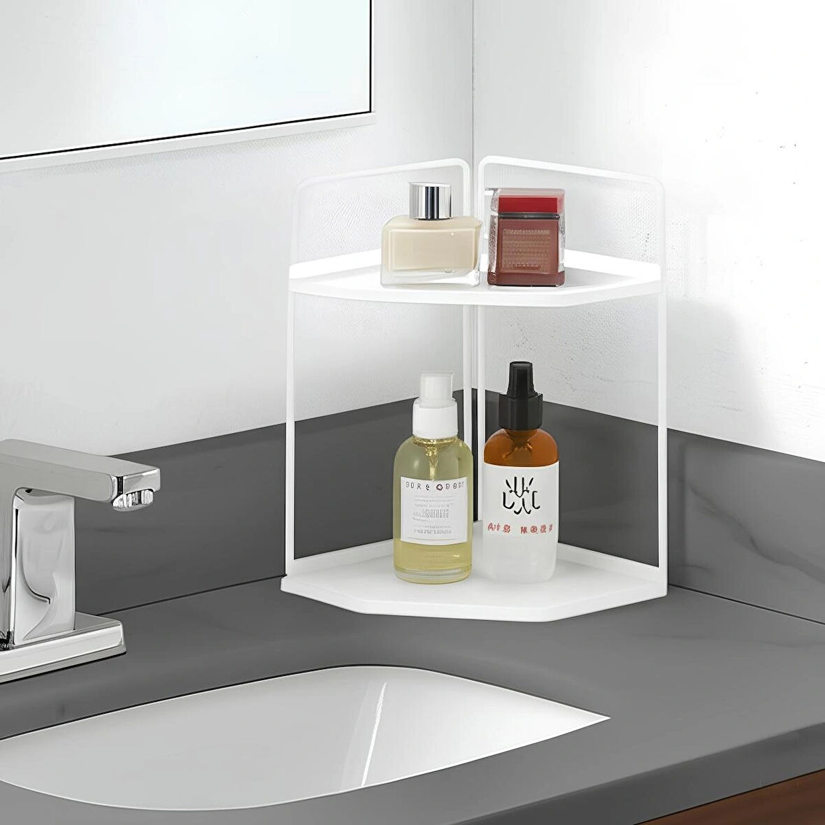 Dekoratif 2 Katlı Raf | Çok Amaçlı Organizer Paslanmaz Çelik & Ahşap Stand – Salon, Mutfak, Banyo, Çalışma Alanı İçin