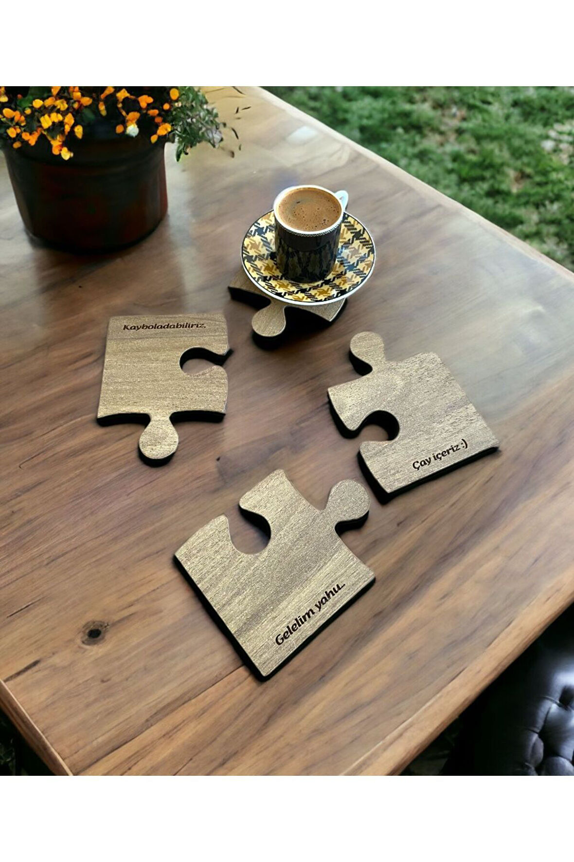 Ahşap Desenli Puzzle Mdf Bardak Altlığı 4'lü Set 9x9 Cm.