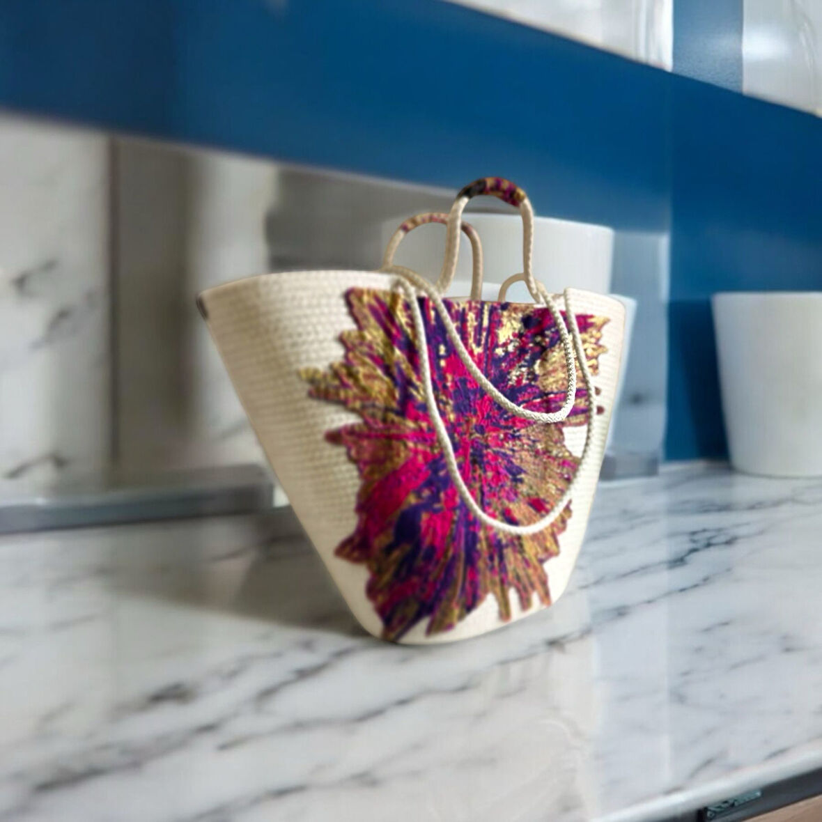 Hasır Çanta, Plaj Çantası, Tasarım Çanta, Pembe Mor Desenli El Çantası