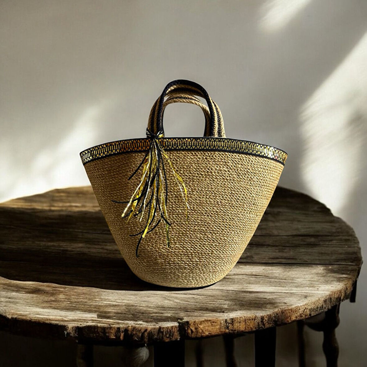 Hasır Çanta, Plaj Çantası, Tasarım Çanta, Siyah Gold Şeritli El Çantası