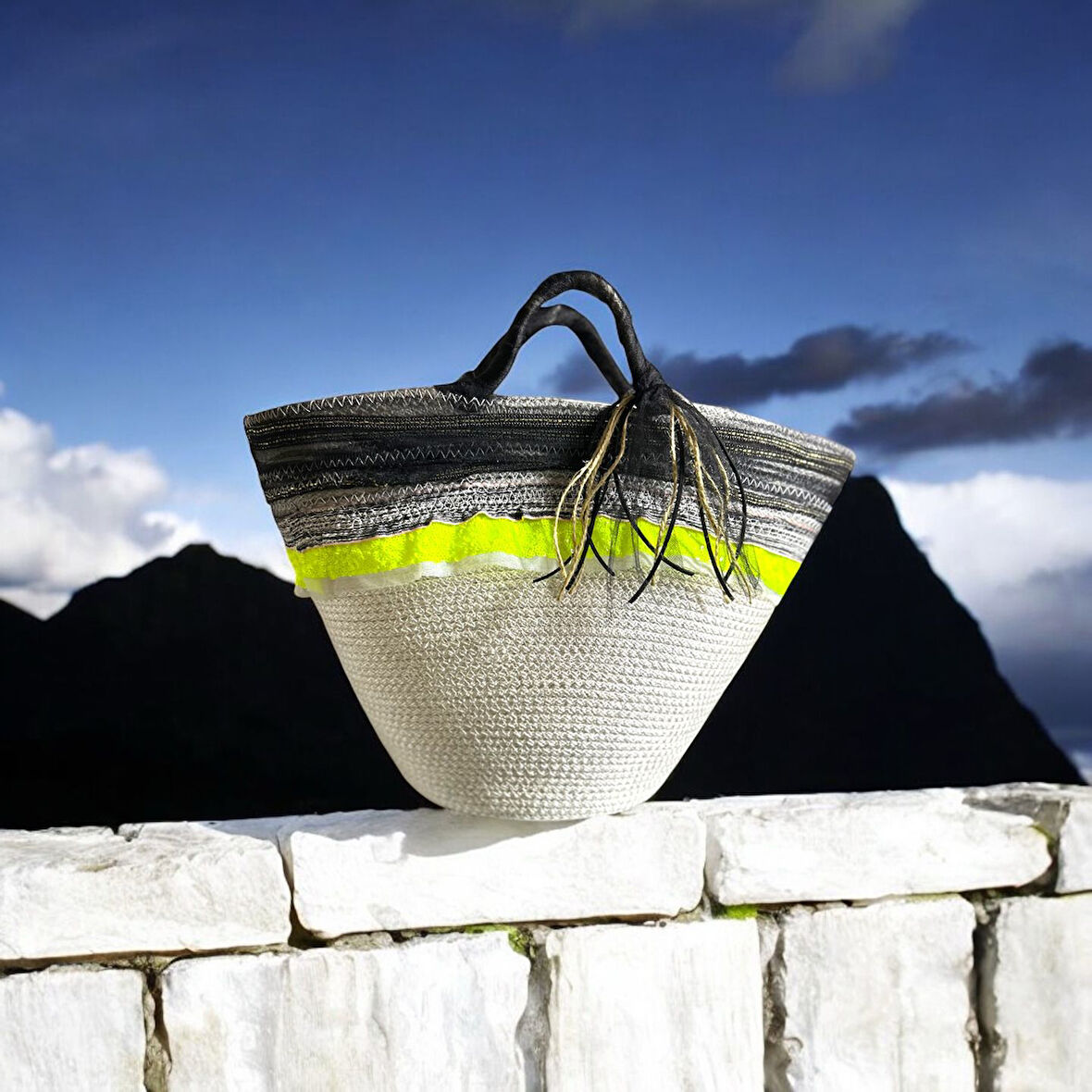Hasır Çanta, Plaj Çantası, Tasarım Çanta, Siyah Neon Şeritli El Çantası