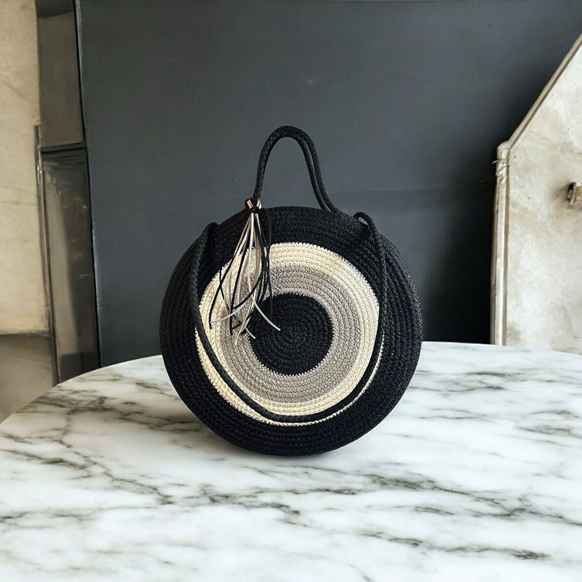 Hasır Çanta, Silindir Çanta, Tasarım Çanta, Silindir Siyah Nazar El Çantası