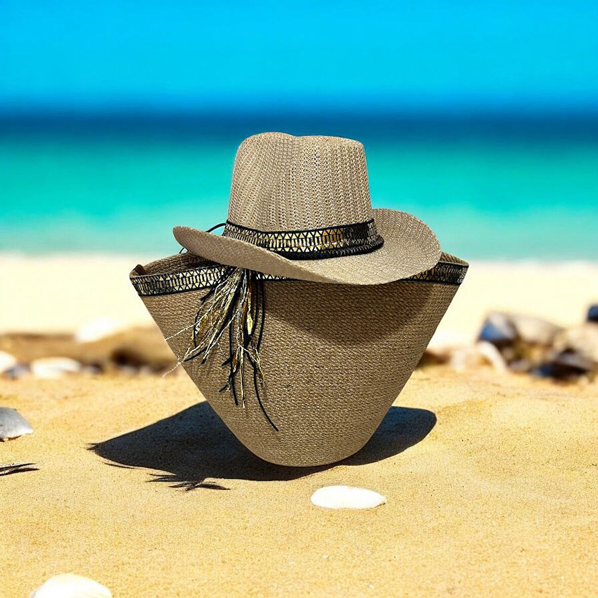 Hasır Çanta, Plaj Çantası Ve Şapka 2'li Takım, El Emeği Plaj Çantası Ve Plaj Şapkası, Siyah Gold Şeritli