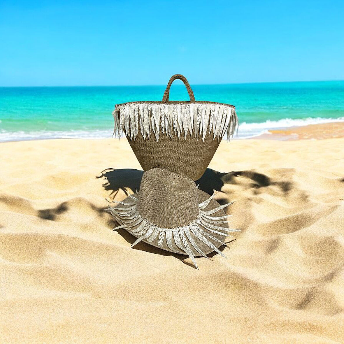 Hasır Çanta, Plaj Çantası Ve Şapka 2'li Takım, El Emeği Plaj Çantası Ve Plaj Şapkası, Ekru Püsküllü