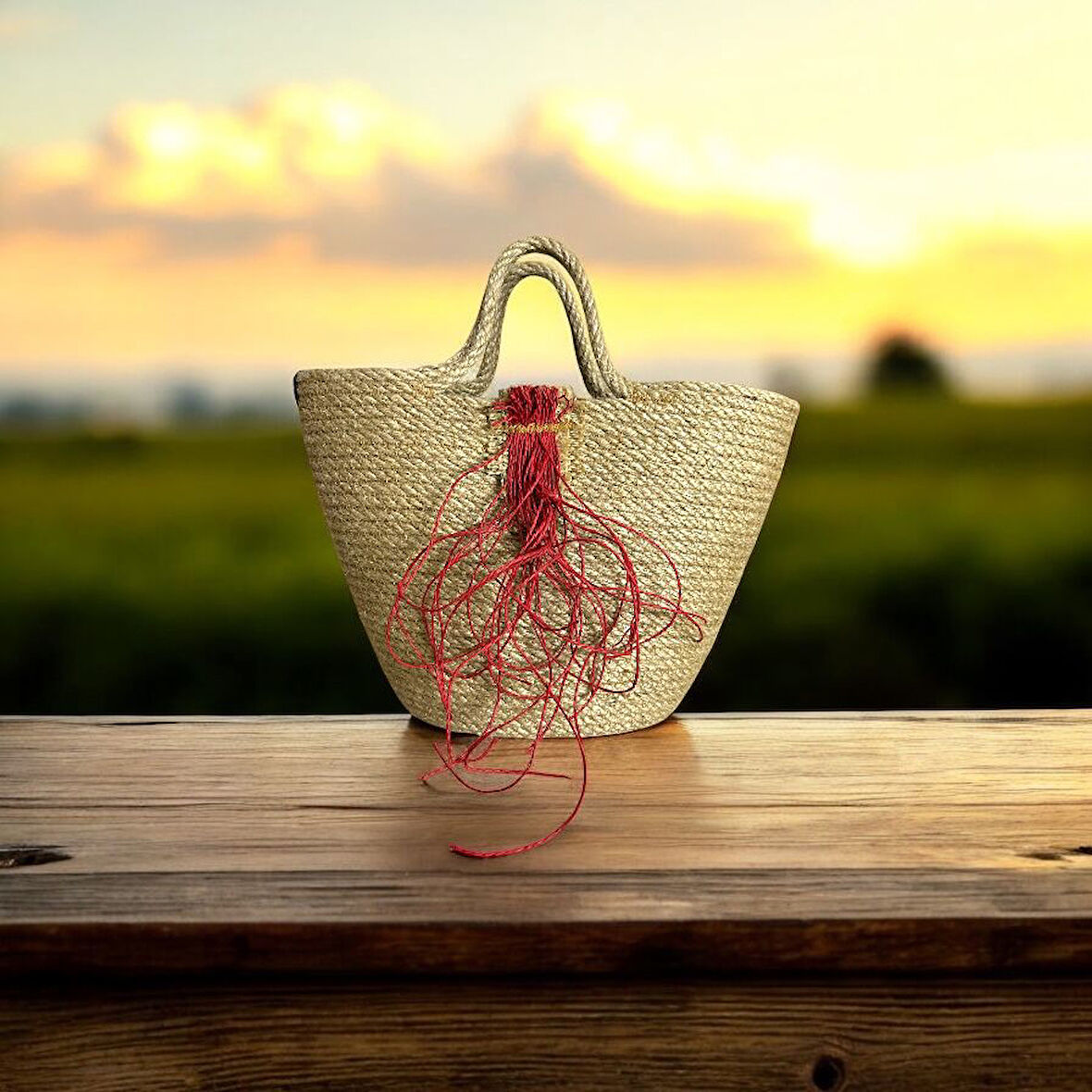 Hasır Çanta, El Çantası, Tasarım Çanta, Kırmızı İp Detaylı Çanta
