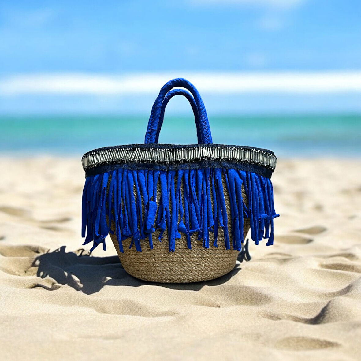 Hasır Çanta, El Çantası, Tasarım Çanta, Mavi Püsküllü Çanta