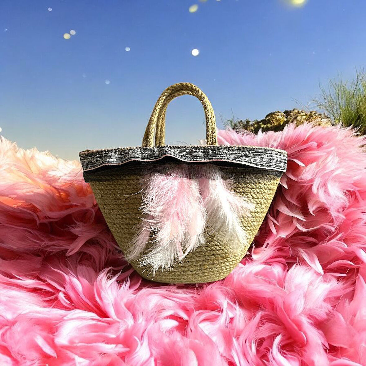 Hasır Çanta, El Çantası, Tasarım Çanta, Pembe Beyaz Tüylü Çanta