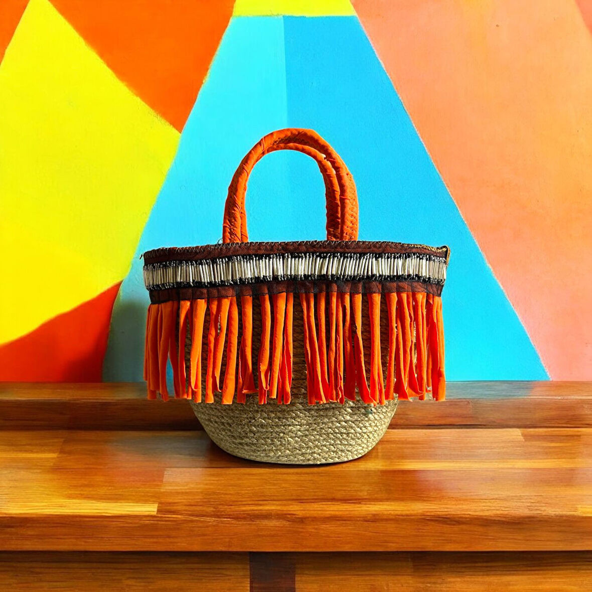 Hasır Çanta, El Çantası, Tasarım Çanta, Turuncu Püsküllü Çanta