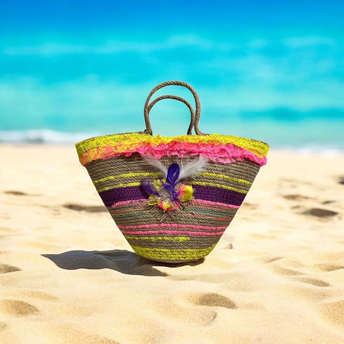 Hasır Çanta, Plaj Çantası, Tasarım Çanta, Rengarenk El Çantası