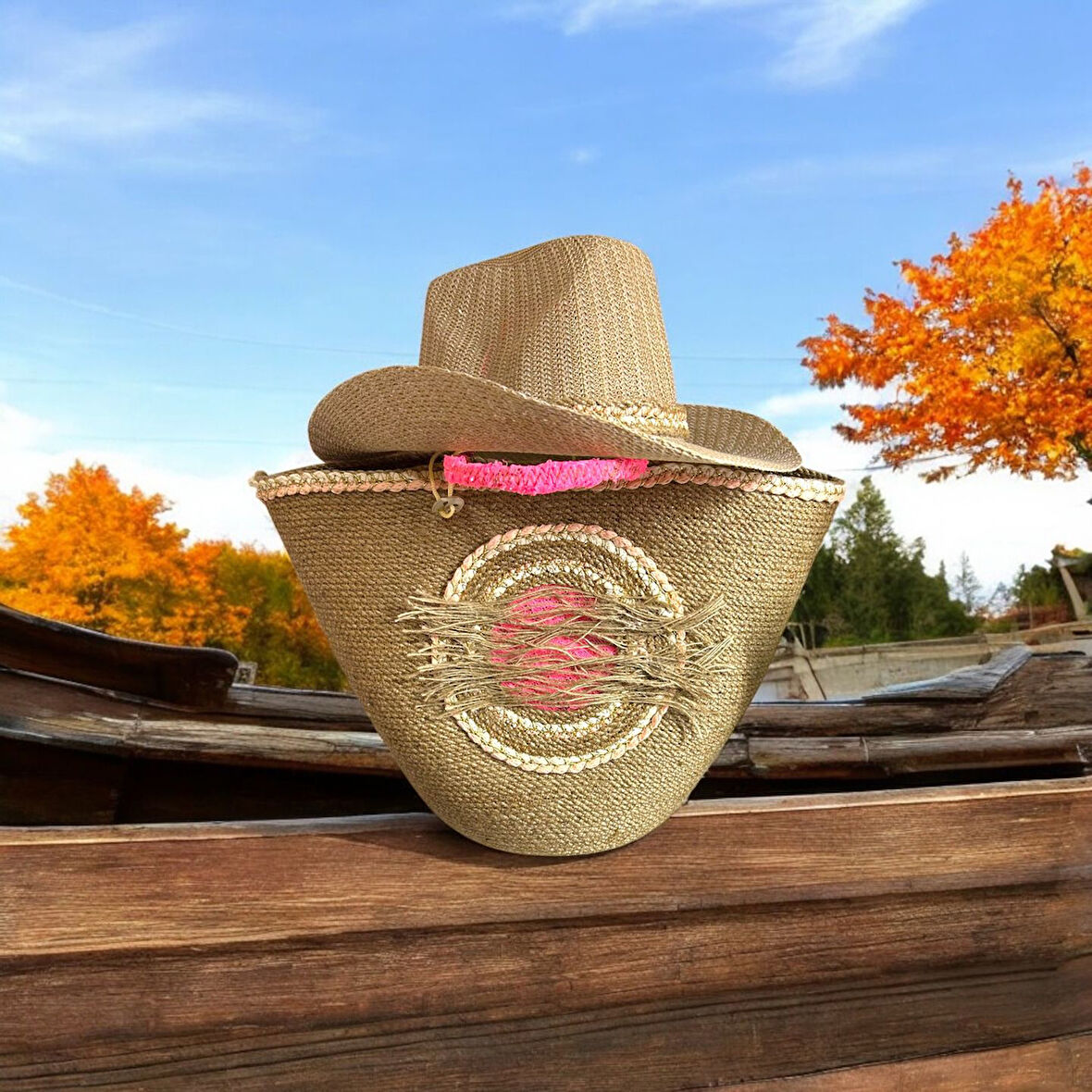 Hasır Çanta, Plaj Çantası Ve Şapka 2'li Takım, El Emeği Plaj Çantası Ve Plaj Şapkası, Pembe Detaylı