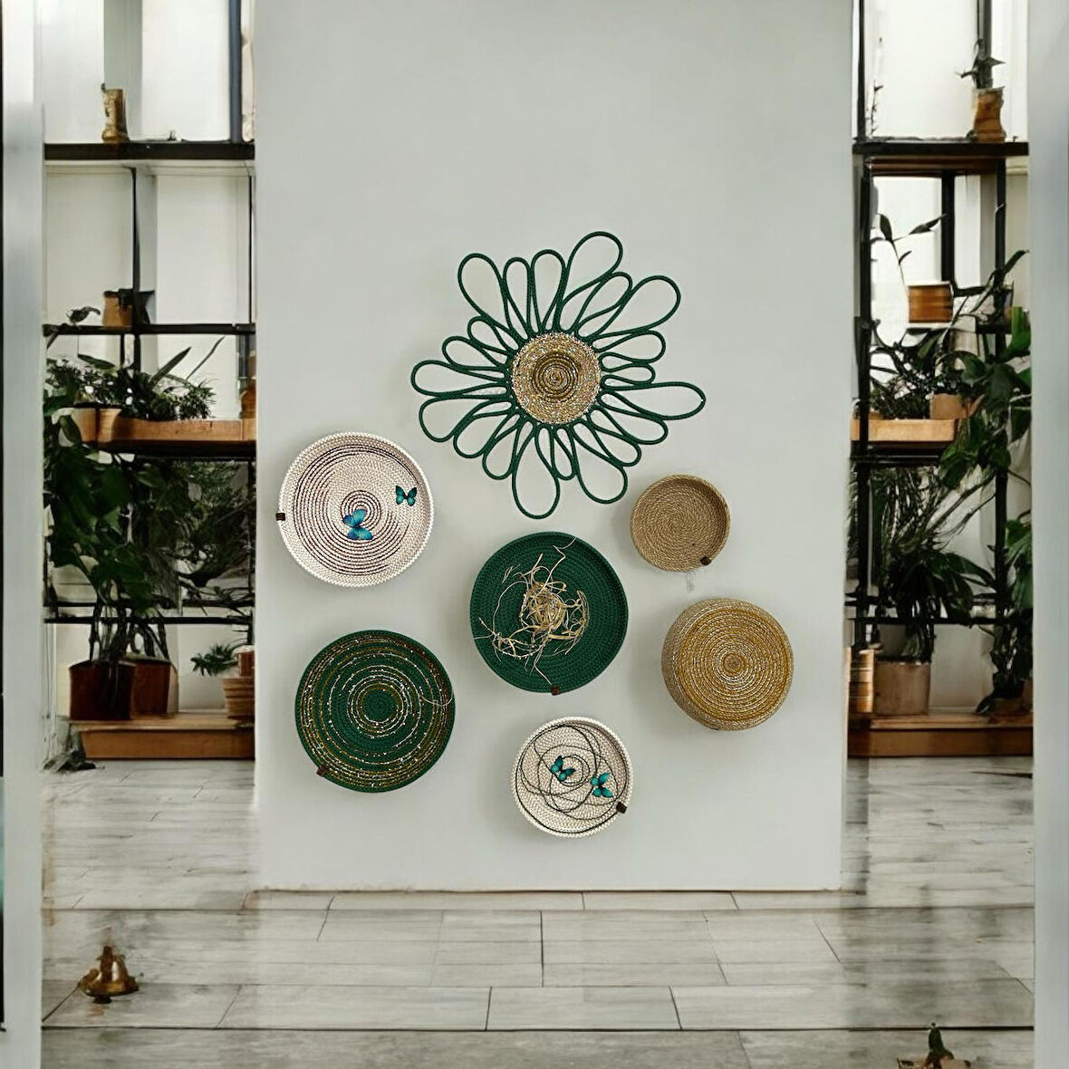 7'li Dekoratif Hasır Duvar Tabağı, Bohem Duvar Tabağı, Afrikan Duvar Tabağı, Duvar Dekoru