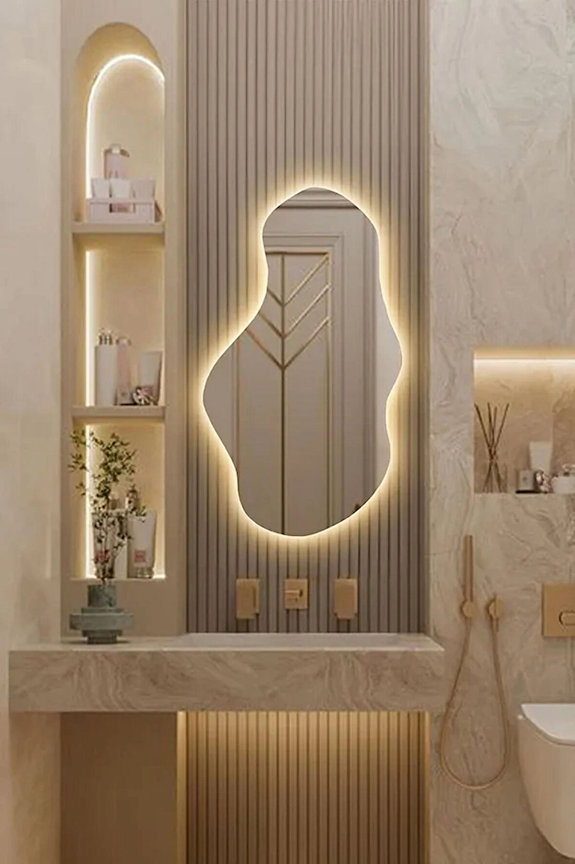 Fawdecor Led Işıklı Asimetrik Model Dekoratif Duvar Aynası, Modern Eşsiz Ayna, Ayna Duvar Dekorasyon Ürünü 45 x 90 Cm Gün Işığı