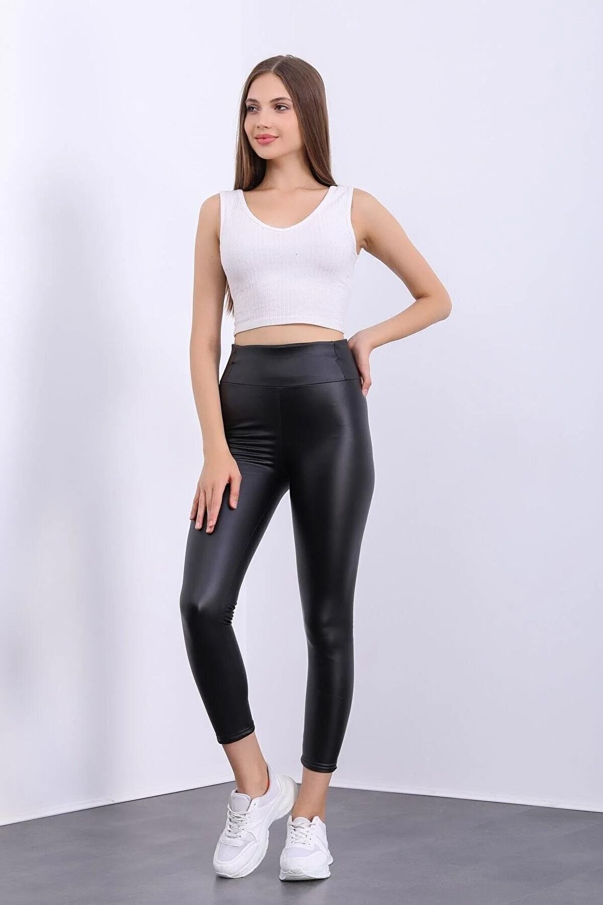 Içi Kadife Yüksek Bel Toparlayıcı Deri Tayt