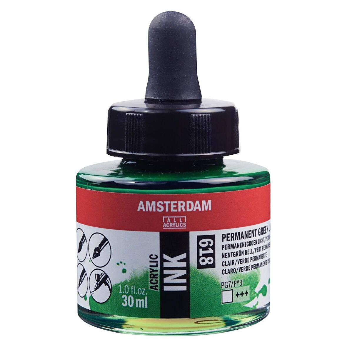 Amsterdam AMSTERDAM AKRİLİK MÜREKKEP : Acrylic Ink : 30ml : Permanent Green Light 618