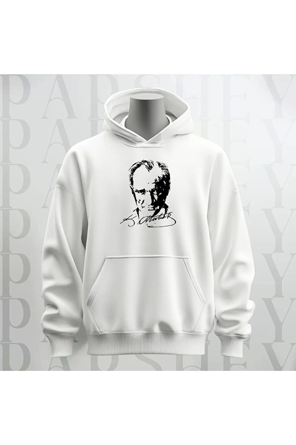 Mustafa Kemal Atatürk Baskılı Beyaz Kapüşonlu Sweatshirt Hoodie Kalın Kumaş 3 İplik Şardonlu