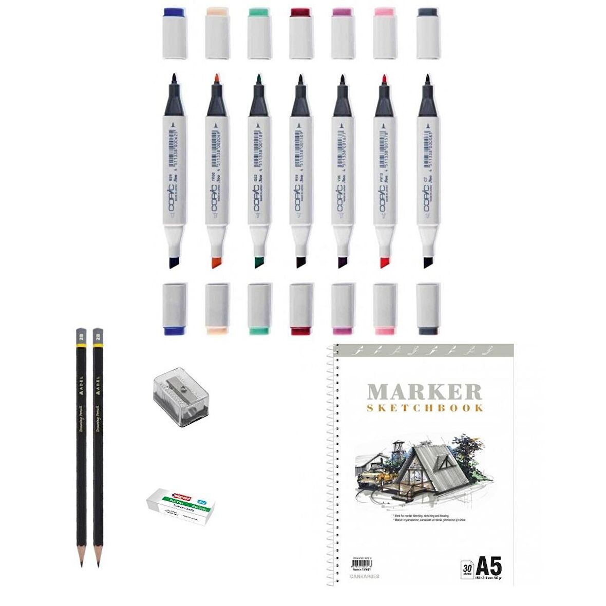 Copic Marker Kalem Çizim Seti 1 + 8'li Maker Set + a5 Defter + Derceli Kalem