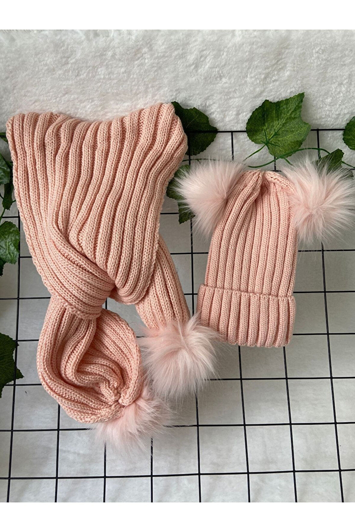 Bebek Atkı Bere Takımı Ponponlu