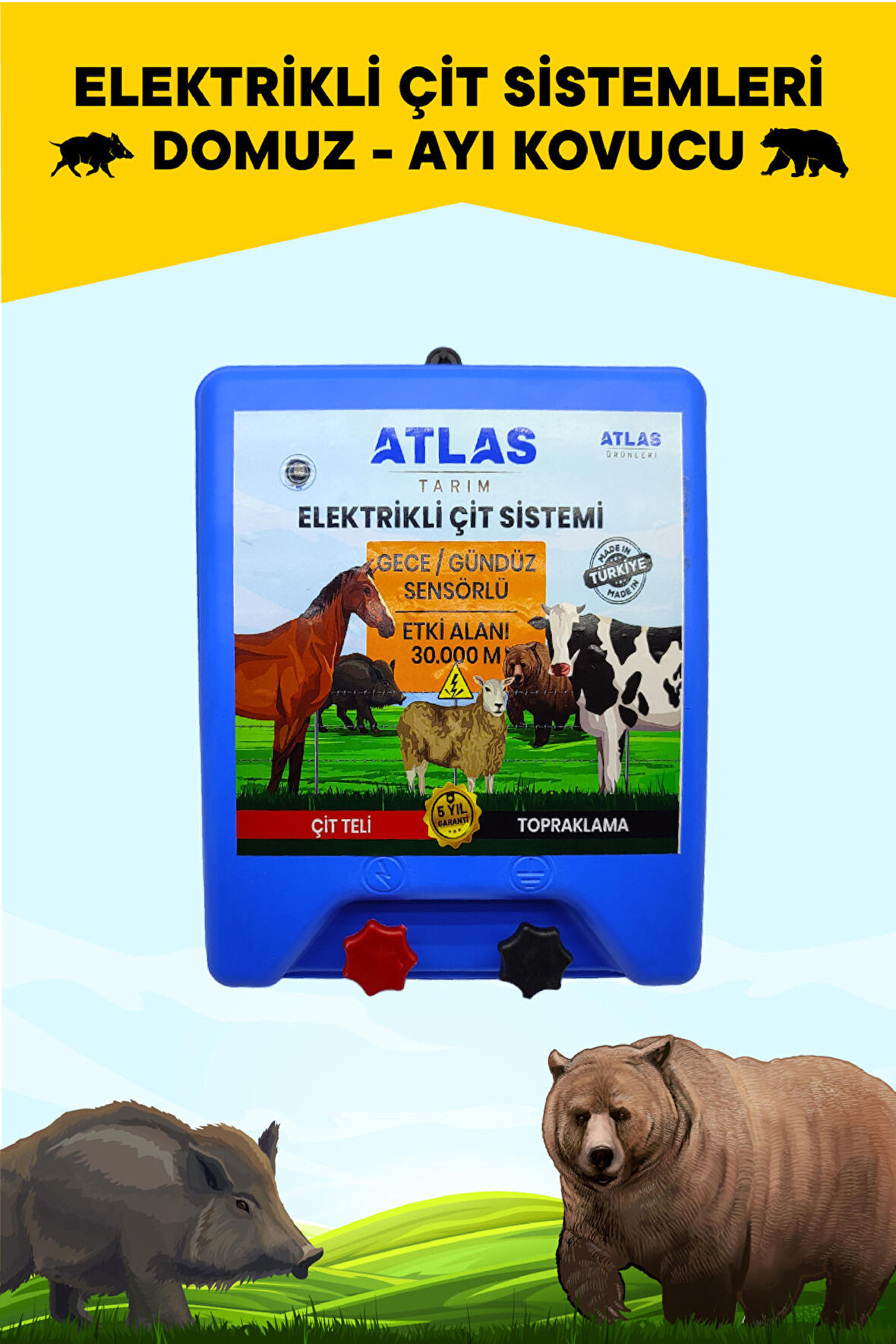 ATLAS ELEKTRİKLİ ÇİT CİHAZI DOMUZ AYI KOVUCU 5 YIL GARANTİ