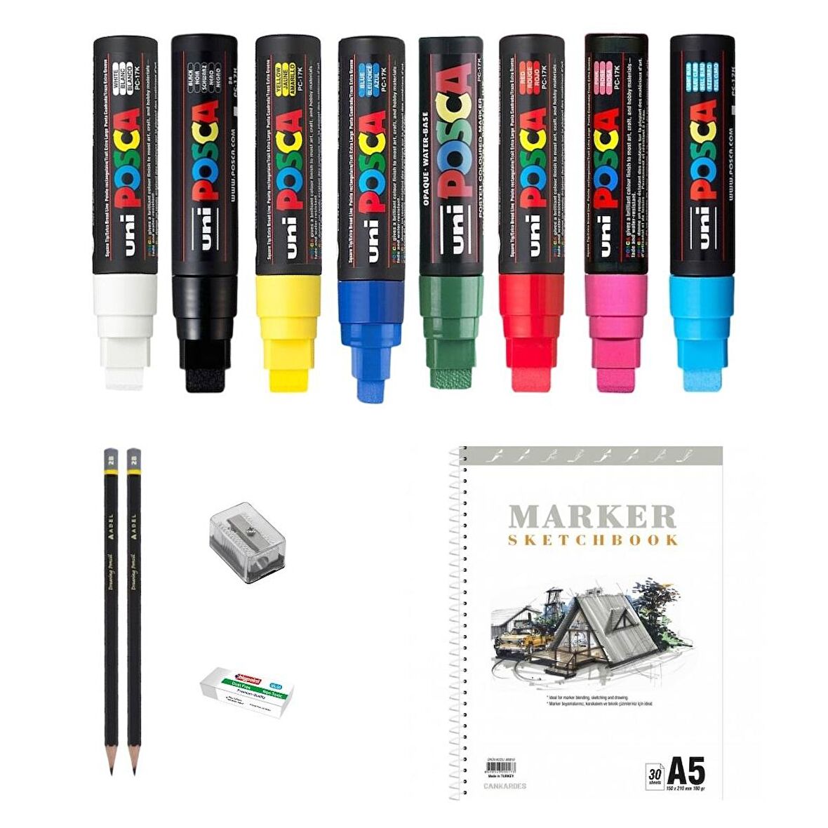 Uni Posca Marker Kalemi Çizim Seti 1 + 17K (15mm) 8'li Set