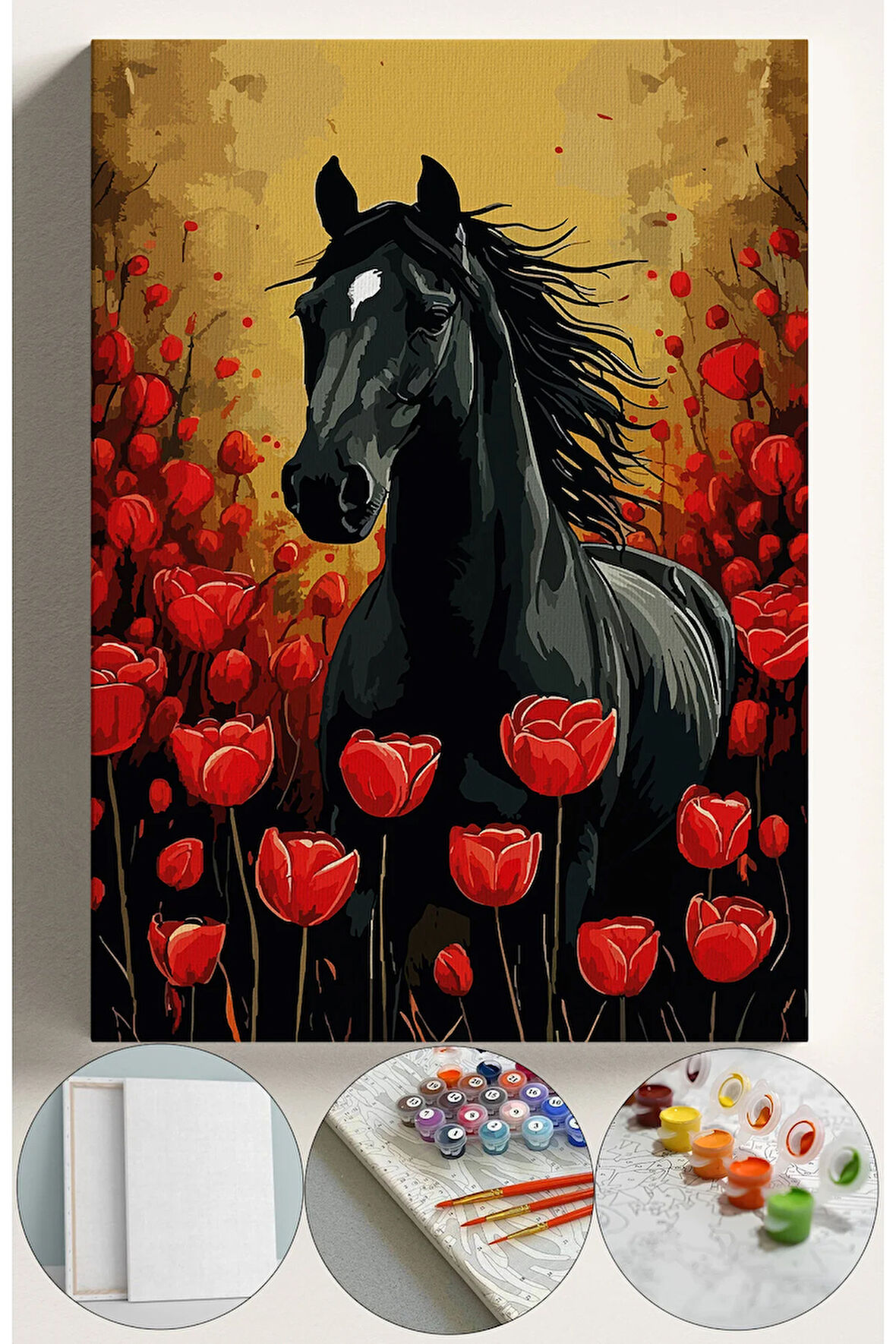 Sayılarla Boyama Seti Numaralı Tuval Fırça Boya 40x50 Cm - AT VE LALELER